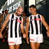 Collingwood veterans Steele Sidebottom and Scott Pendlebury after they broke the record earlier this season for the most games played together as teammates.