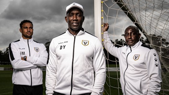 Dwight Yorke and his assistants at Macarthur FC, Russell Latapy (right) and James Meredith, are bucking a global trend against people of colour in key off-field sporting roles.