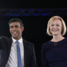 Rishi Sunak and Liz Truss on stage after a Conservative leadership election hustings at Wembley Arena in London.