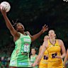Romelda Aiken-George of the Fever receives a pass during the round one Super Netball match between West Coast Fever and Sunshine Coast Lightning at RAC Arena.