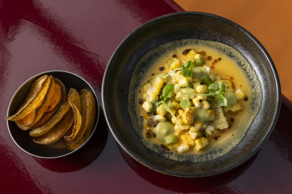 Sweetcorn leche de tigre with charred corn, zucchini, morita chilli, and basil.