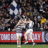 Jeremy Cameron celebrates a goal in Geelong’s win on Saturday night.
