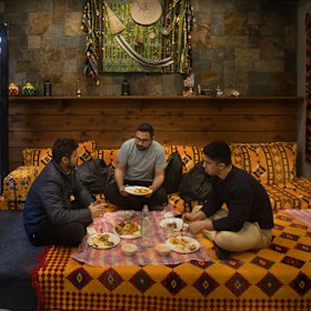 Ameen Almutawakel, Karan Bhatia and Mugdad Rassan break fast at Yemeni restaurant Mandina Kitchen on Lygon Street.