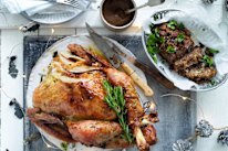 Dry-brined turkey with orange and fennel with herb and lemon stuffing and Vegemite gravy.