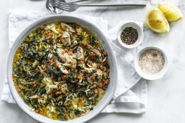 One-pot chicken, spinach and orzo stew. 