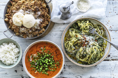 Budget-friendly recipes using pantry staples: Spicy tomato and coconut braised peas; pear streusel and spinach and walnut pesto pasta.