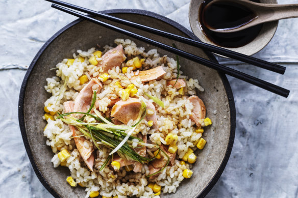 Adam Liaw’s salmon and corn rice.