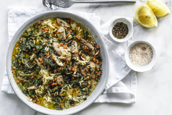 Danielle Alvarez’s one-pot chicken, spinach and orzo stew.