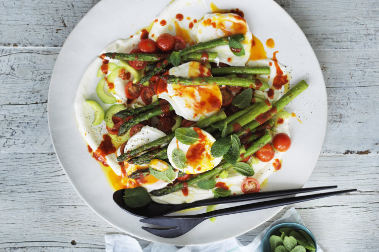 Pan fried Asparagus, poached eggs, yoghurt, Sriracha chilli sauce