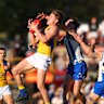 BUNBURY, AUSTRALIA - JUNE 08: Harry Edwards of the Eagles marks the ball during the round 13 AFL match between North Melbourne Kangaroos and West Coast Eagles at Hands Oval, on June 08, 2025, in Bunbury, Australia. (Photo by Paul Kane/Getty Images)