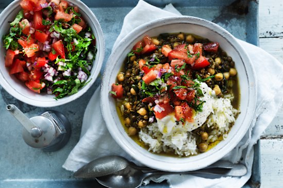 Chickpea and green lentil curry with spinach.
