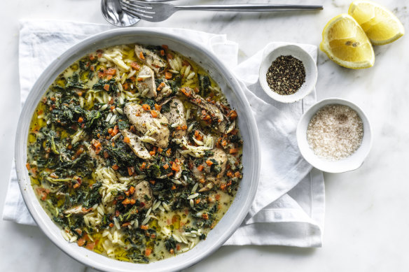 Danielle Alvarez’s one-pot chicken, spinach and orzo stew makes the most of frozen spinach.