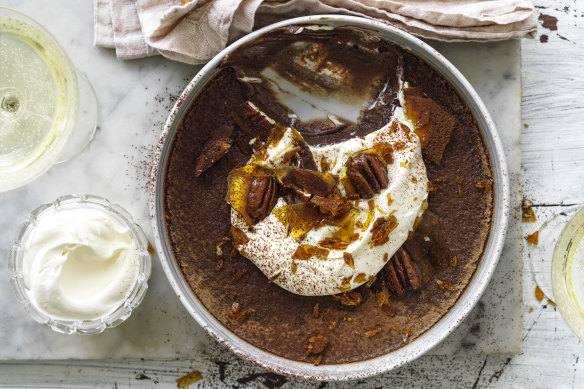 Baked chocolate custard with pecan brittle.