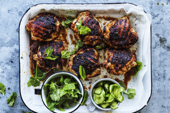 Spicy miso barbecued chicken with pickled cucumber.