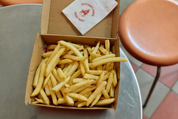 The chips at Butchers Diner are hand cut and served from a tiny kitchen window.
