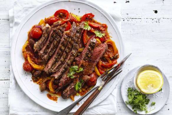 Neil Perry’s grilled sirloin steak with peperonata.