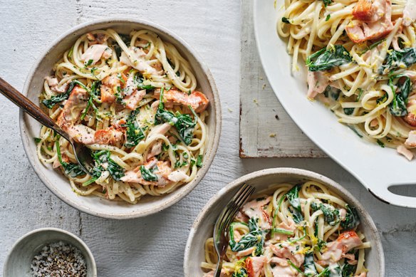 recipes Creamy salmon linguine.