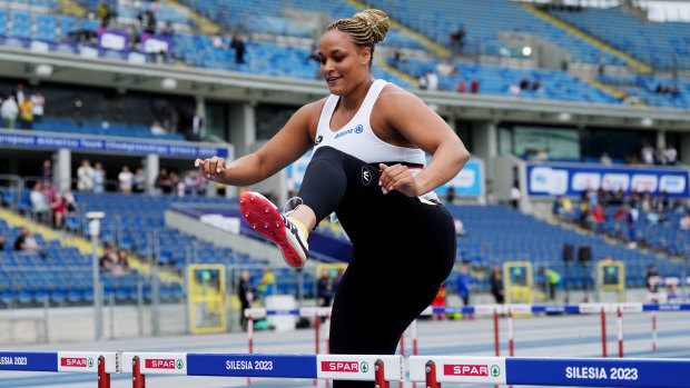 This athlete has 12 shot put and hammer throw titles. So why was she running the hurdles?