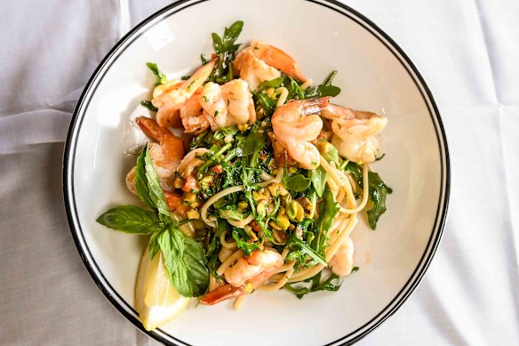 Linguini with prawns and pistachios.