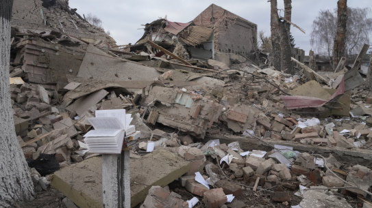 The remains of the local house of culture following a night air raid in the village of Bushiv, 40 kilometers west of Kyiv, Ukraine, Friday, March 4, 2022.  Russia’s war on Ukraine is now in its ninth day and Russian forces have shelled Europe’s largest nuclear power plant, sparking a fire there that was extinguished overnight. (AP Photo/Efrem Lukatsky)