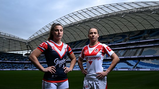 Sydney Roosters’ Jess Sergis and St George Illawarra Dragons’ Page McGregor at the newly built Allianz Stadium.