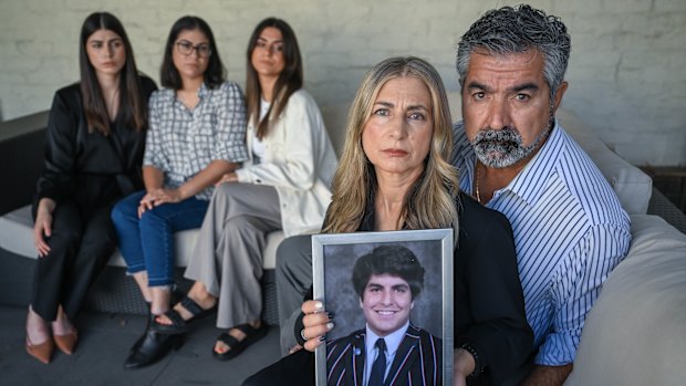 James Tsindos’ family: sisters Elpida (left), Kristina and Georgia, mother Venetia and father Harry Tsindos. Their 17-year-old son, James, died in 2021 after going to Holmesglen Private Hospital.