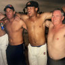 Shane Warne, Andrew Symonds celebrate Australia’s 2004 Test win on the ramparts of the Galle fort.