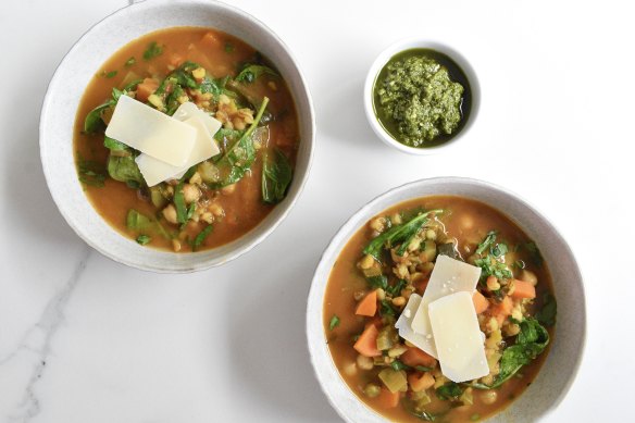 Loaded with vegetables, grains and legumes, this hearty soup is a meal in a bowl.
