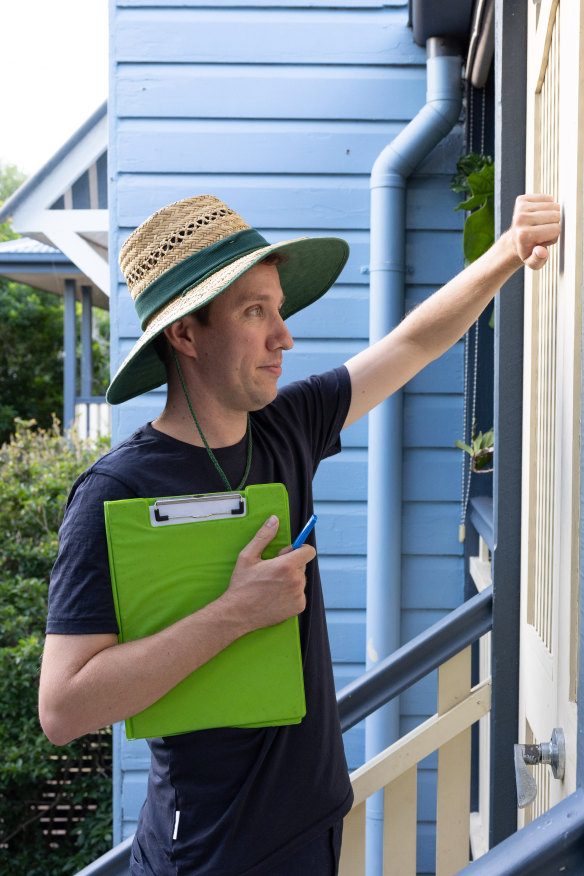 Max Chandler-Mather door-knocking in his Brisbane electorate. While many might not agree with him, says one observer, “If you ask them the question, ‘Do you think he cares?’ the answer is, ‘Yes, absolutely.’ ”