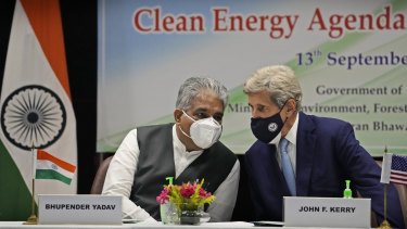 Indian Environment Minister Bhupender Yadav, left and US Special Presidential Envoy for Climate John Kerry last month in New Delhi.