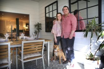 Maurizio and Amanda Espinoza with their dog Batman in their Chippendale home. 