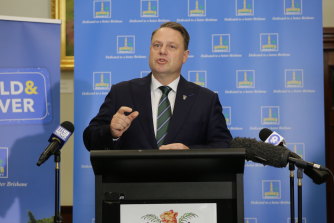 Lord Mayor Adrian Schrinner holds a press conference ahead of delivering the 2022-23 Brisbane City Council budget last month.