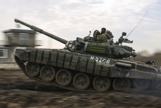 A Russian tank rolls during military drills at Molkino in the Russian Krasnodar region, near the Ukraine border, on Tuesday.