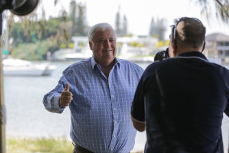 Billionaire businessman and United Australia Party chairman Clive Palmer holds a press conference at Paradise Point on the Gold Coast after emerging from a battle with COVID-19. 