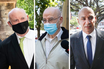 Ian Macdonald, Eddie Obeid and Moses Obeid outside court on Thursday.