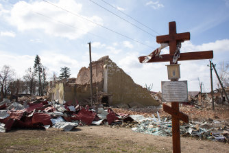 A view of the square which got destroyed as a result of a rocket strike in the area earlier in Byshiv, Ukraine. 