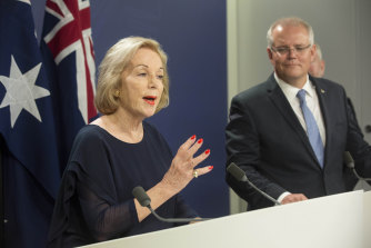 ABC chairwoman Ita Buttrose and Scott Morrison. Mr Morrison said on Monday no government agency, including the ABC, was above Senate scrutiny.