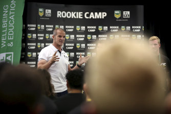 Young Rugby League players listen to Rugby League great Ian Roberts during an NRL Rookies Camp in 2019.