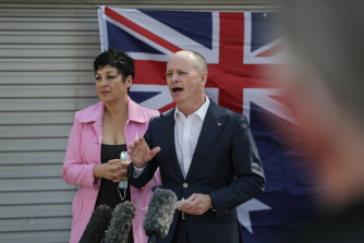 Campbell Newman, with wife Lisa, announcing his Senate run with the Liberal Democrats. 
