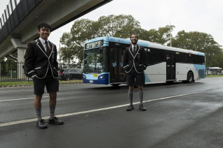 Sydney Boys High School students Sean Montalbo and Ozan Akarsu return to school after the coronavirus lockdown.