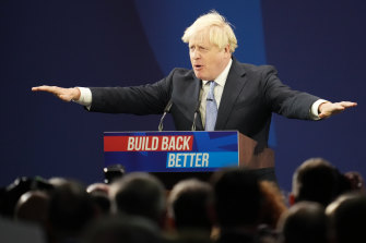 Britain’s Prime Minister Boris Johnson delivers his joke-filled keynote leader’s speech at the 2021 Conservative Party conference.