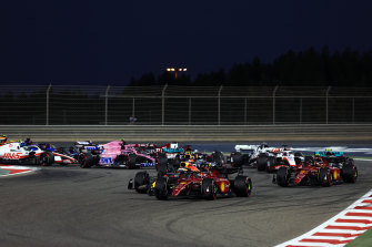 Ferrari’s Charles Leclerc leads Max Verstappen and the rest of the field. 
