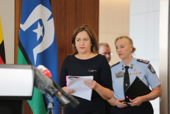 Queensland Premier Annastacia Palaszczuk arrives to her press conference announcing the updated border plans on Monday.