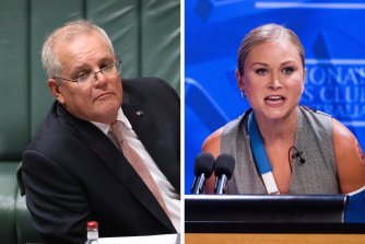 Prime Minister Scott Morrison and former Australian of the Year Grace Tame. 