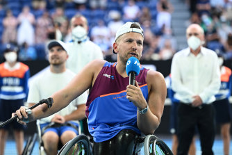 Dylan Alcott speaking during the trophy presentation after the Quad Wheelchair Singles Final where he was beaten by Sam Schroder of the Netherlands.