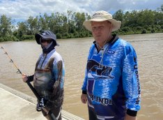 Andrew Ward and son Caleb on the Brisbane River opposite Bellbowrie. They say a cross-river bridge would be better placed further upstream between Moggill and Wacol behind the prisons.