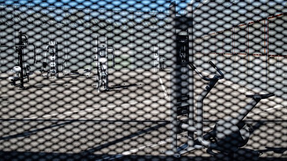 Exercise equipment on the wing where a helicopter once landed during the infamous 1999 prison break.