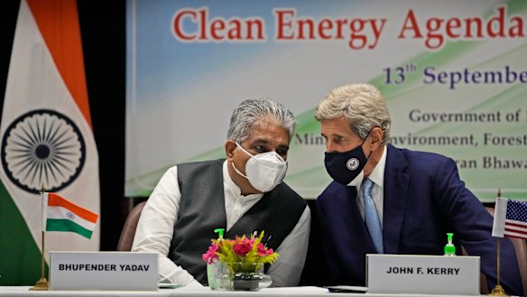 Indian Environment Minister Bhupender Yadav, left and US Special Presidential Envoy for Climate John Kerry last month in New Delhi.