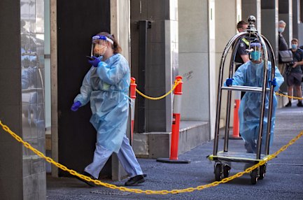 Staff at the Holiday Inn on Flinders Lane in Melbourne last week.