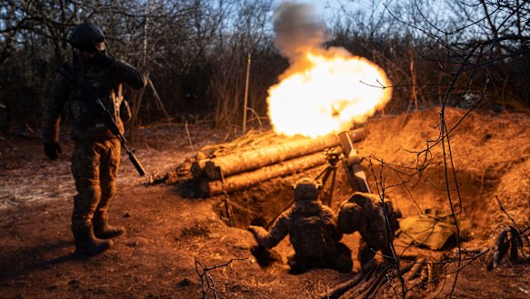 Ukrainian servicemen fire a mortar towards Russian positions at the frontline near Bakhmut, Donetsk region, Ukraine last month.